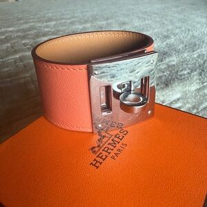 Hermes Kelly Dog Cuff Bracelet Silver Hardware Orange-Pink Leather